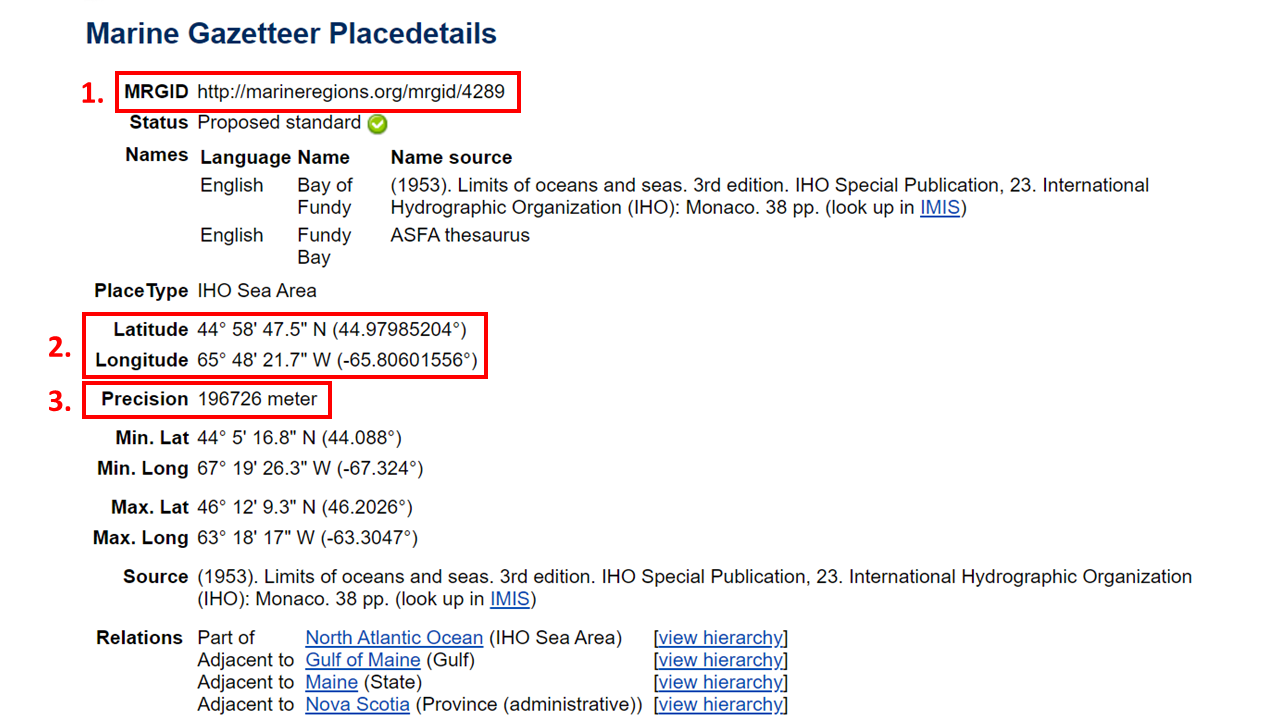 Screenshot of Marine Region placedetails, highlighting important information for OBIS