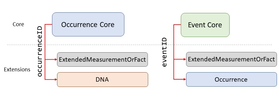 Diagram of how the different core tables are linked to their extensions by different identifiers.