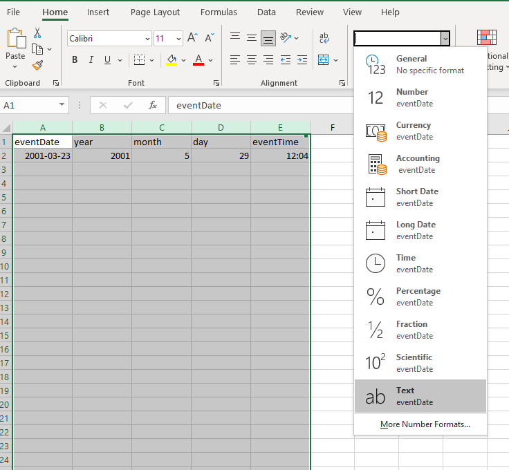 Screenshot of how to change data type in Excel