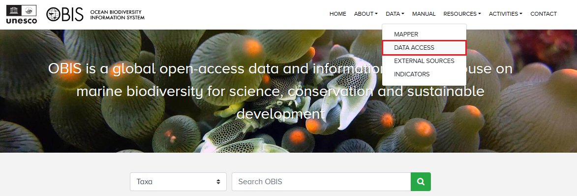 OBIS homepage showing where to navigate to access full database exports