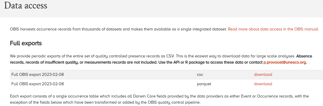 OBIS Data Access page