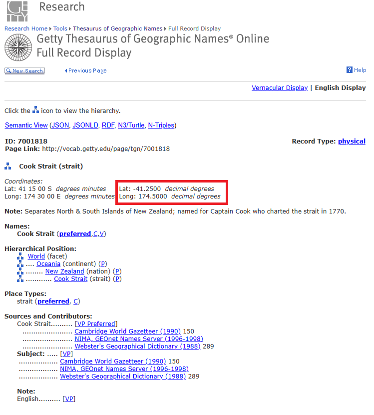 Screenshot of Cook Strait page on the Getty Thersaurus