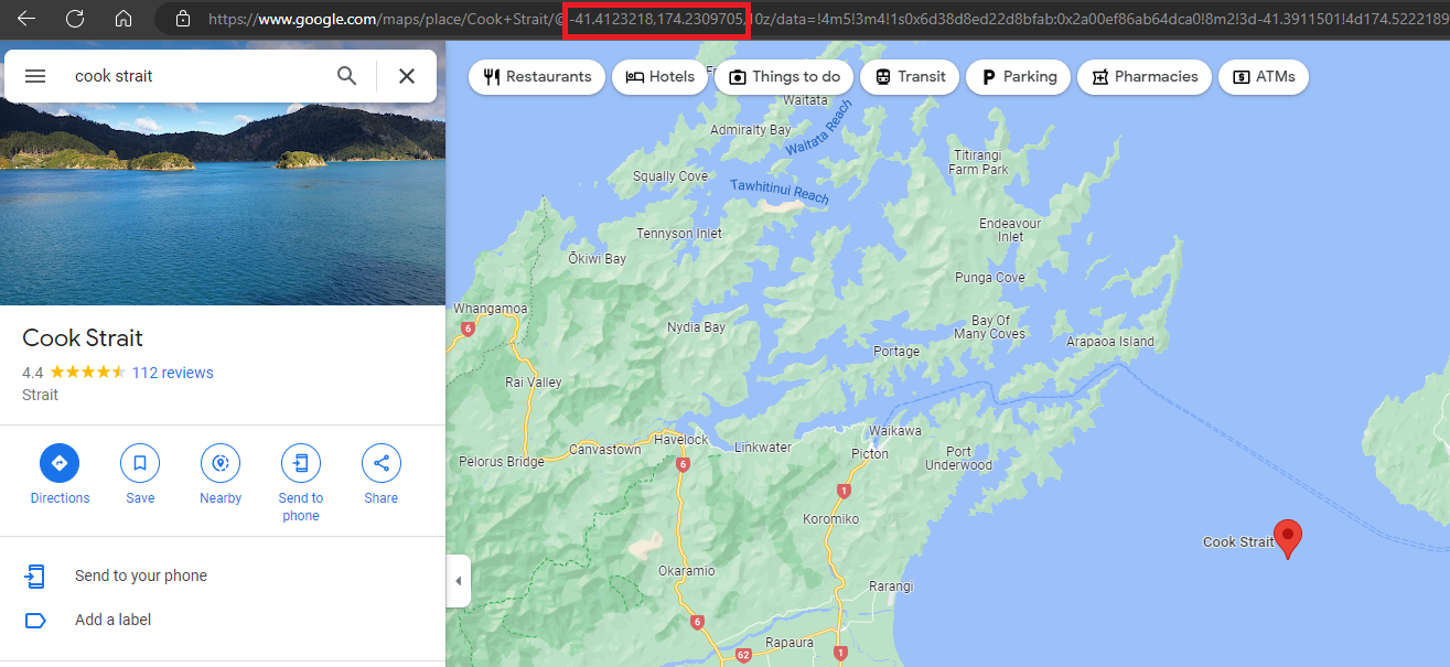 Screenshot of Google Maps showing where coordinates can be found in the URL