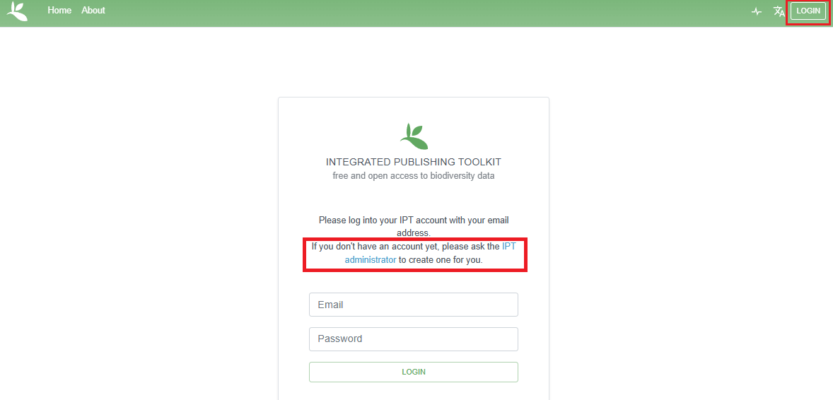 Screenshot of IPT login page, highlighting link to IPT admin and the login button