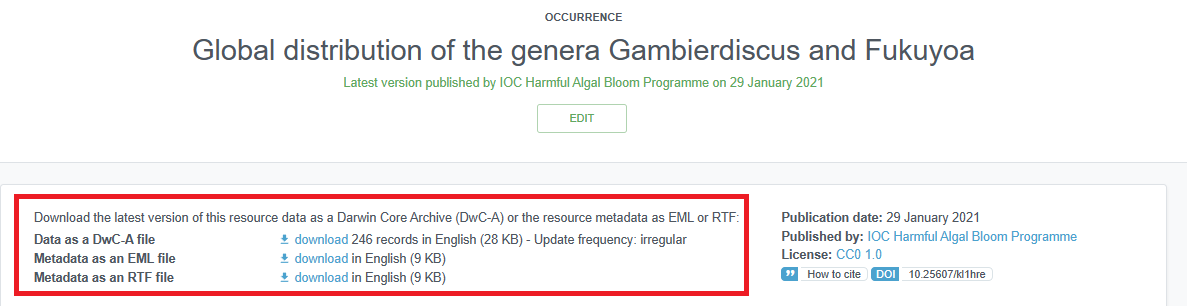 Overview of a dataset page on an IPT, emphasizing where to download the resource