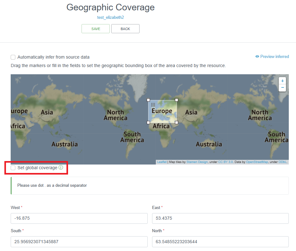 Screenshot of the Geographical Coverage section of the metadata, emphasizing how to change the bounds of the coverage box in the map.