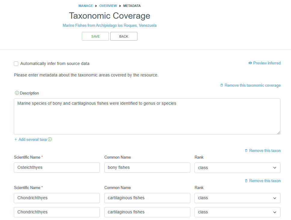 Example of the Taxonomic Coverage section of the metadata