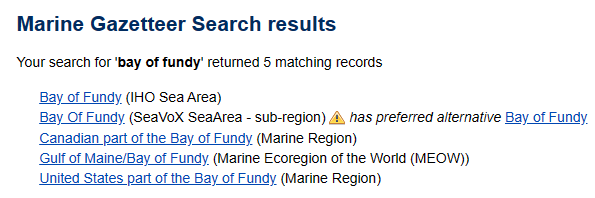 Marine regions gazetteer search