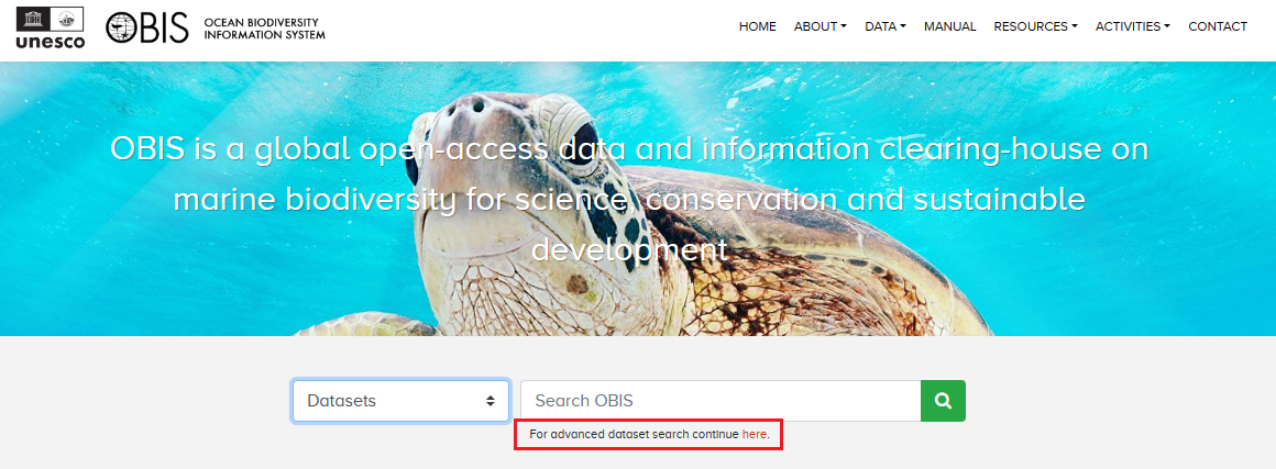 OBIS homepage search, showing where to find the advanced search link