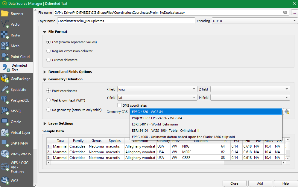 Screenshot showing how to specify CRS of a .csv file when importing into QGIS