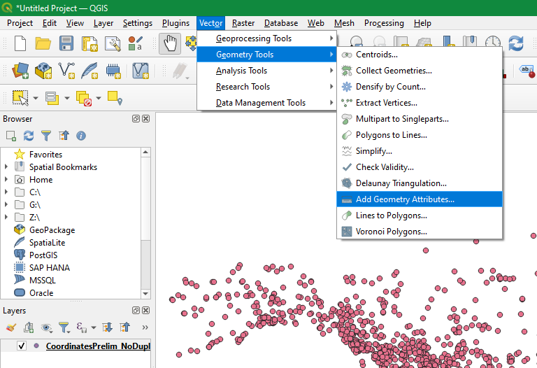 Screenshot showing where to find the Geometry Attributes in QGIS menu