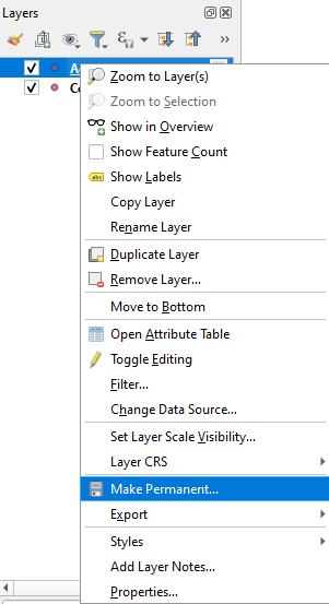 Screenshot showing how to save a temporary layer in QGIS for export